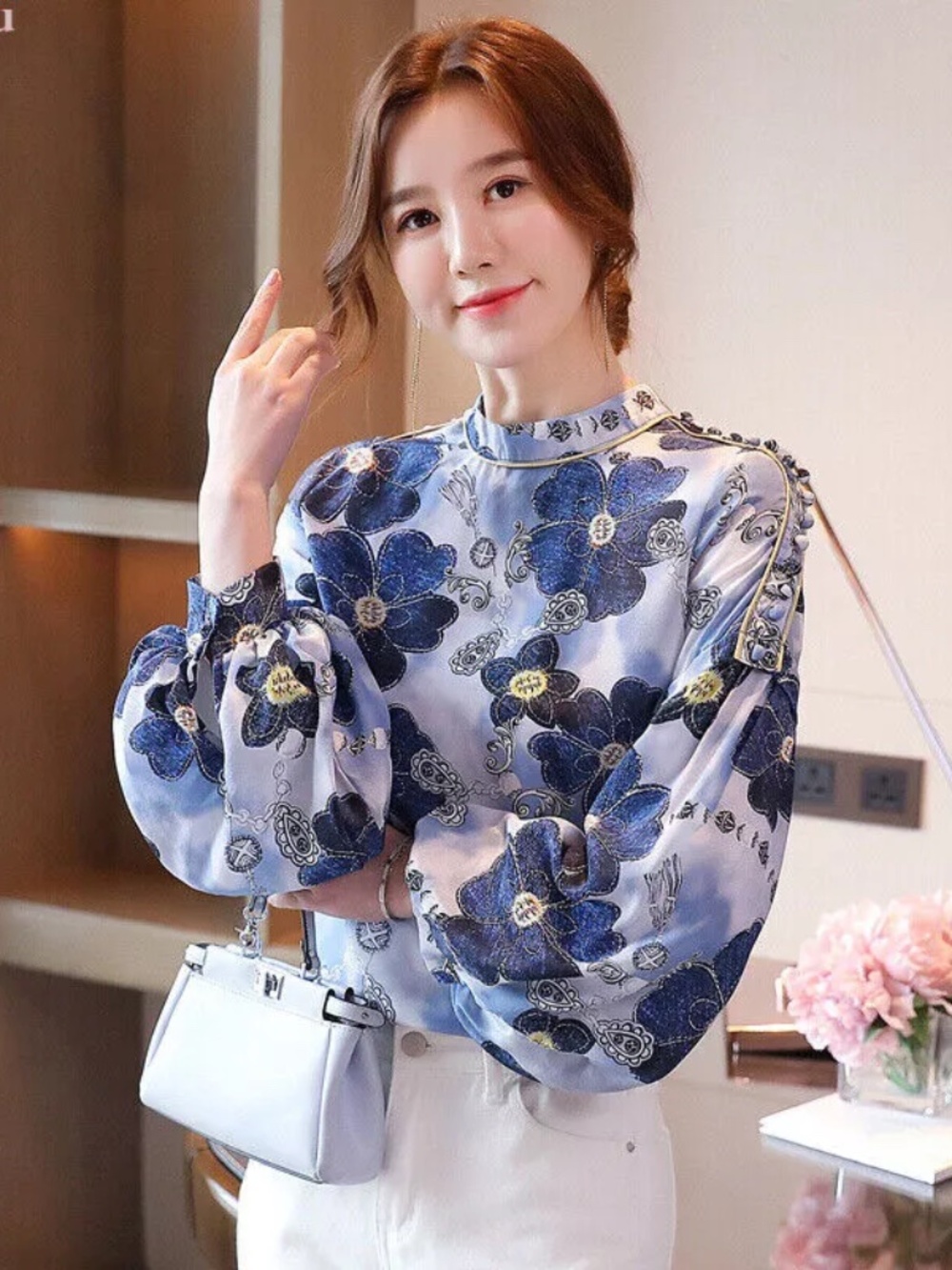 Retro Women's Floral Chiffon Balloon Sleeve Business Workwear Blouse Tops Shirts